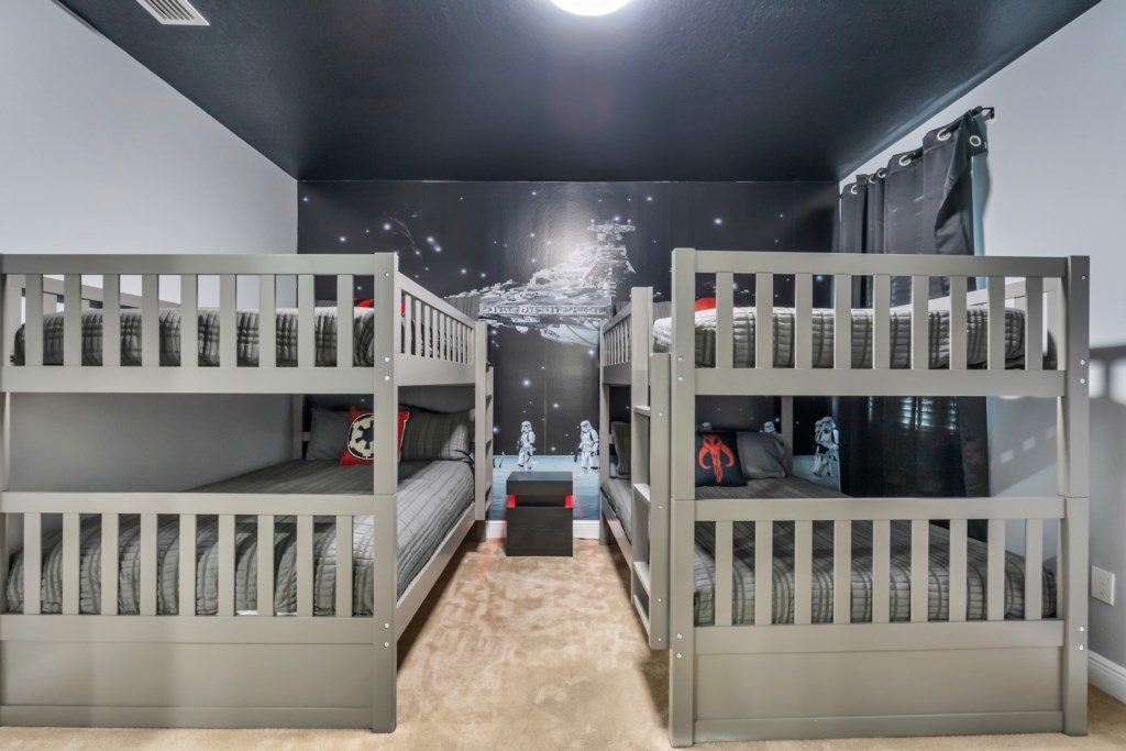 Bedroom 9 - Upstairs - Star Wars Room
- 2 Bunk Beds - Full Size top & Bottom
- Private TV
- Private Bathroom - Shower
