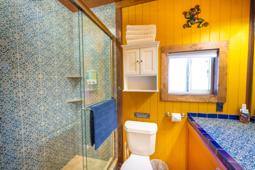 Glassed in shower, amenities like shampoo, conditioner & body wash provided.