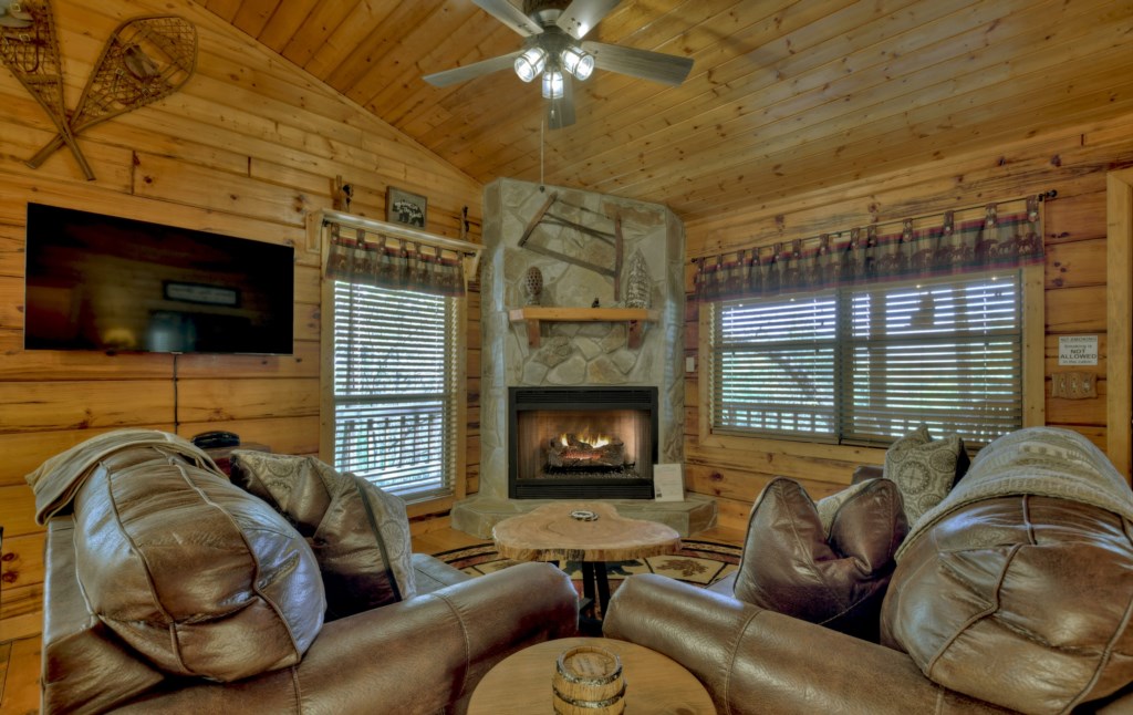 Cozy living area with seasonal gas fireplace 