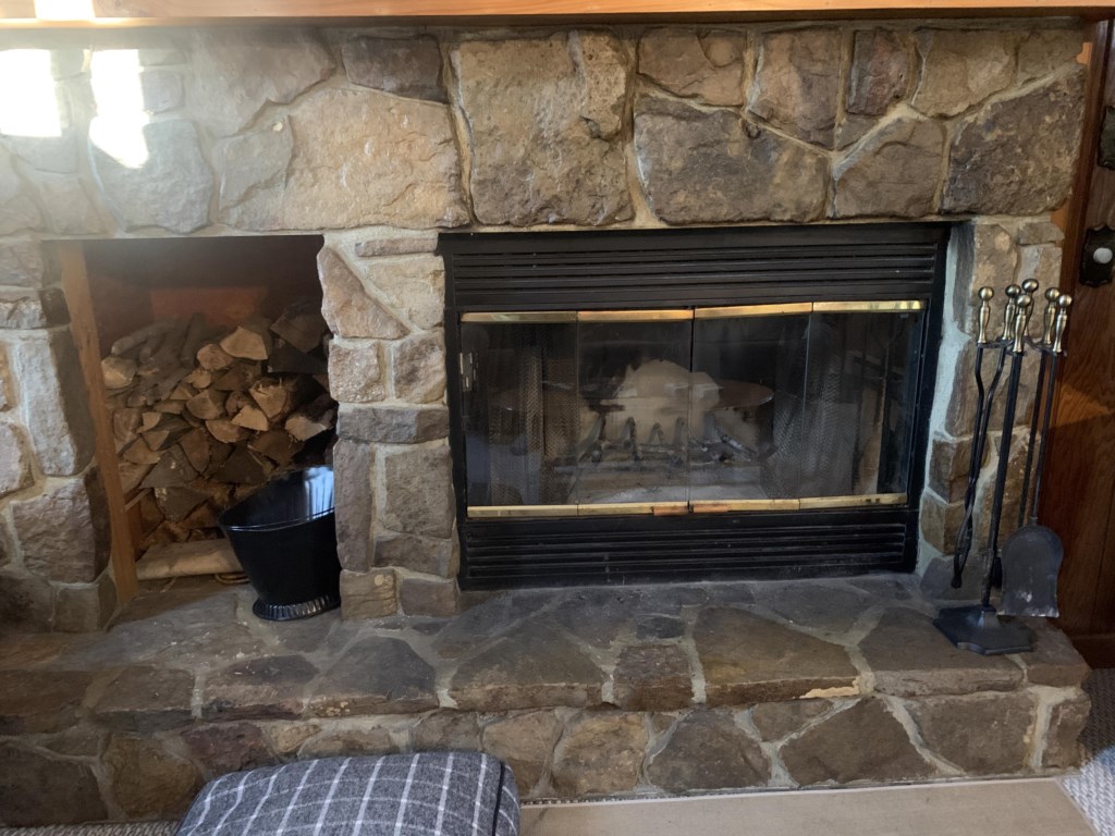 Wood burning fire place with dog bed 