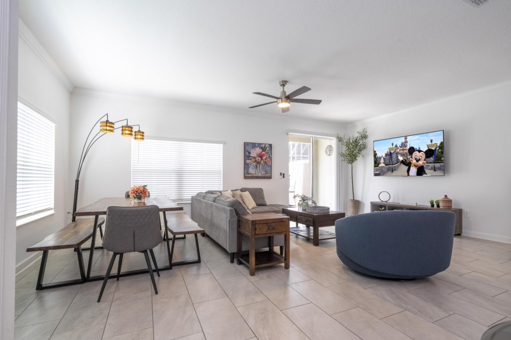 Open floor concept kitchen, dining and living