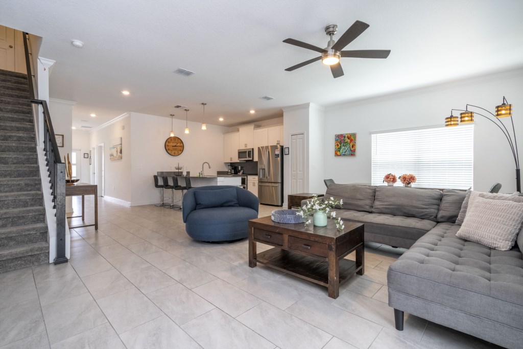 Open floor concept kitchen, dining and living