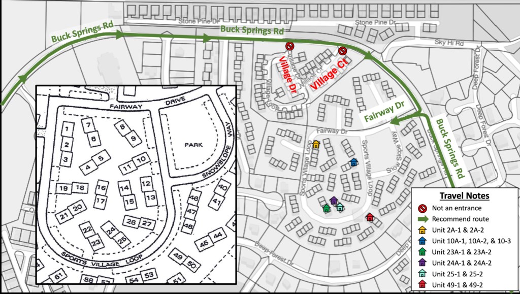 Directions to the property and building numbers for the complex