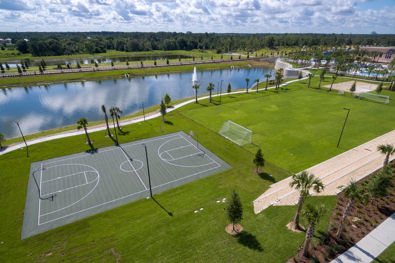 Soccer, sand volleyball, basketball courts with stadium seating