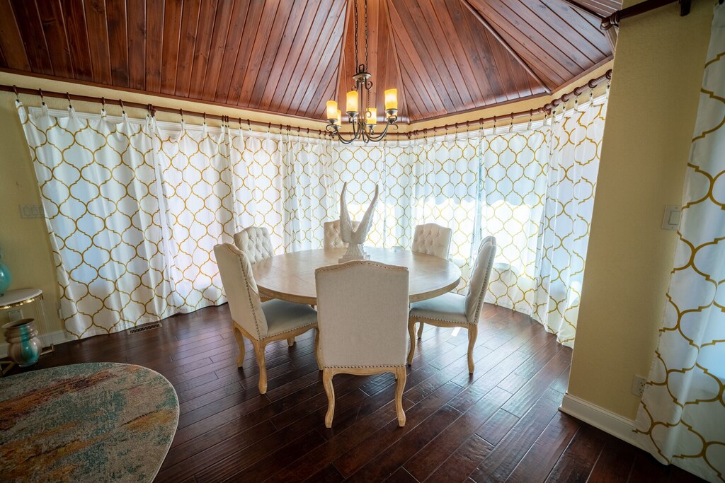 Dining room with curtains closed.