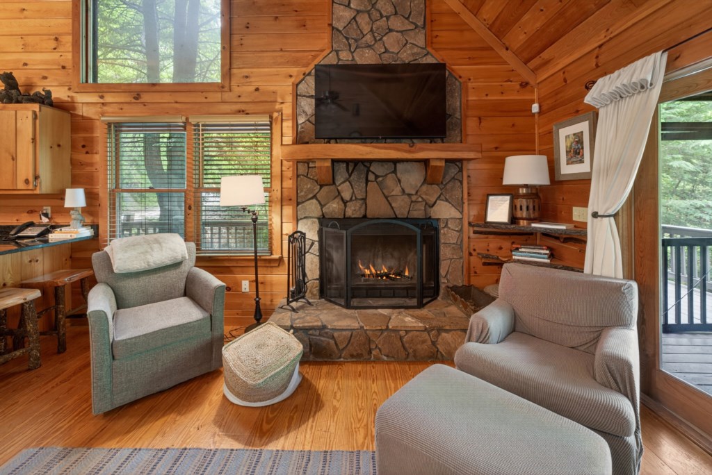 Cozy living area with a stone fireplace and forest views, perfect for relaxing evenings.