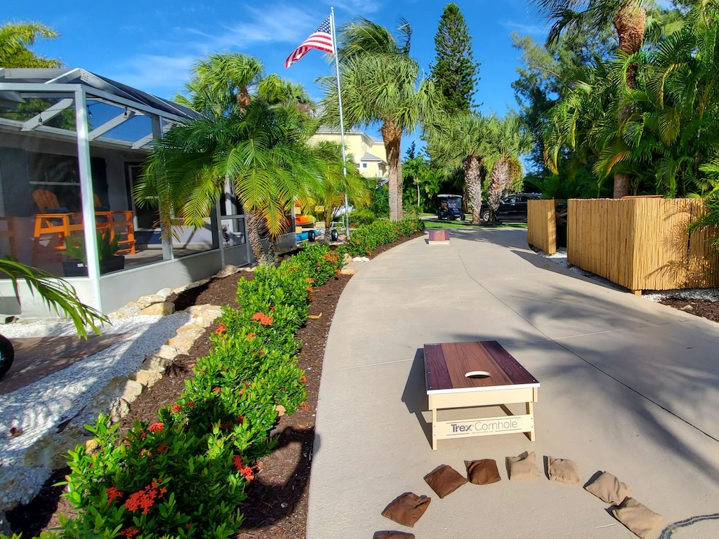 The Corn hole court is such a fun place to gather with family and friends.