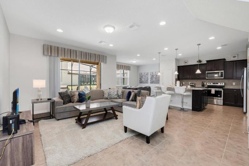 Open plan Kitchen,Dining and living area overlooking private pool 