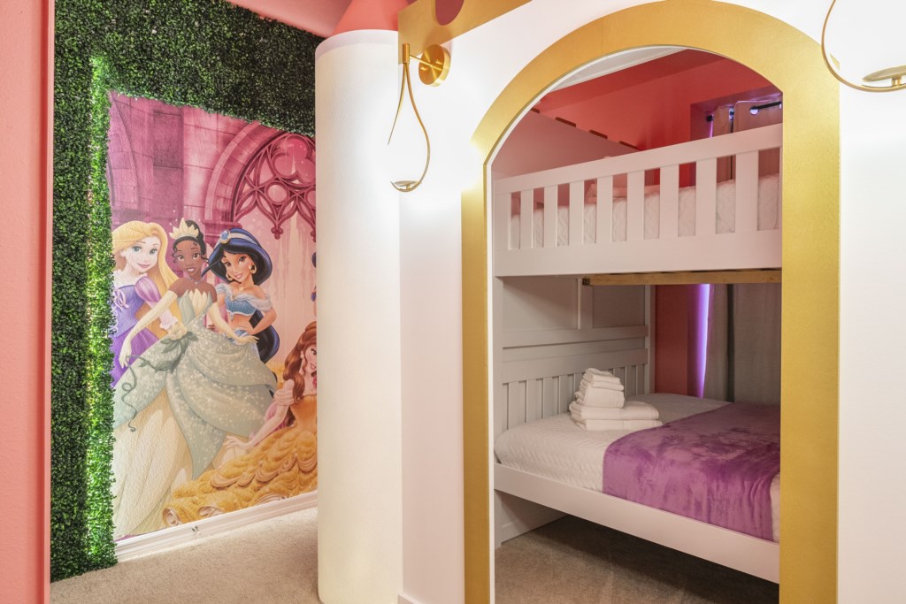 Princess Bedroom w/ build in castle, bunk bed full over full.