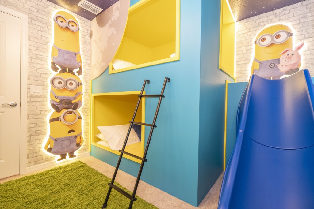 Minion's themed bedroom w/ slide and 2 full beds (bunk bed)