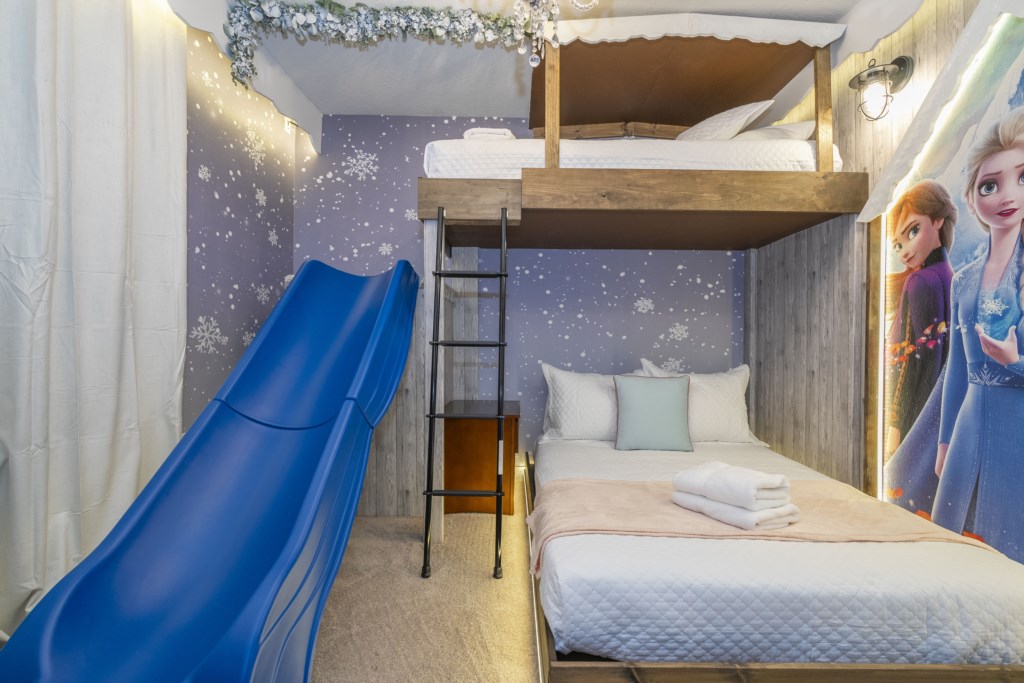 Frozen themed bedroom w/ twin over full & slide