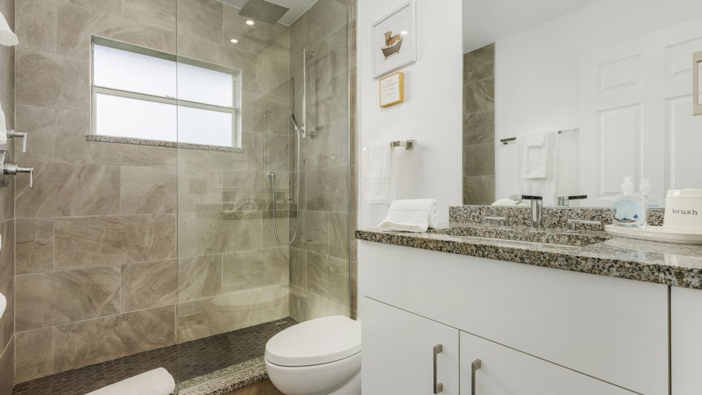 Sleek and modern bathroom with a spacious walk-in shower.