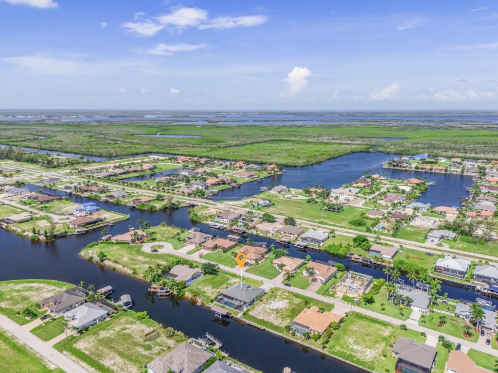 Aerial view of the peaceful, waterfront neighborhood with easy access to the canal.