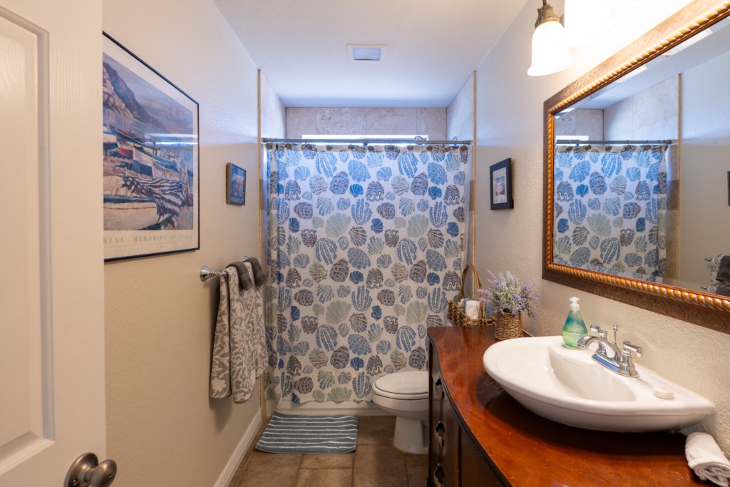 Charming bathroom with a seashell-themed shower curtain and elegant wooden vanity.