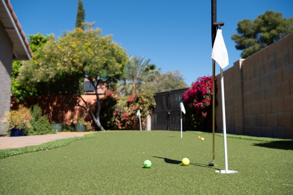 Private backyard putting green for golf enthusiasts to practice and relax.