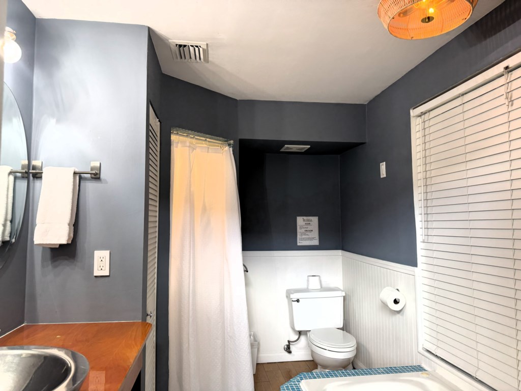 Master bathroom contains product dispensers, a hand soap, cosmetic towels, 2 toilet paper rolls