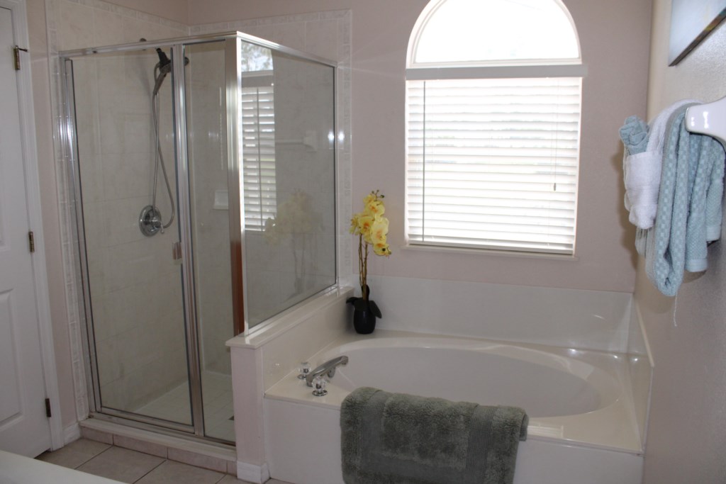 Relax in the spacious master bathroom featuring a luxurious deep soaking tub, perfect for unwinding after a long day 