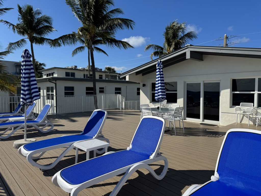 Outdoor dining area has ashtray for smokers