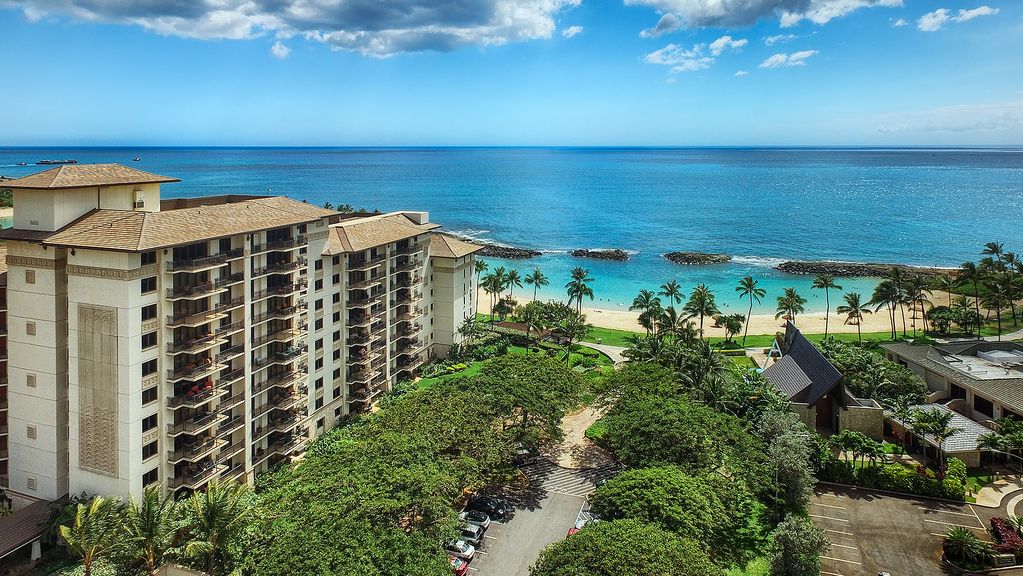 Amazing drone photo of the Ko Olina Beach Tower, Lagoon 2 and the ocean.