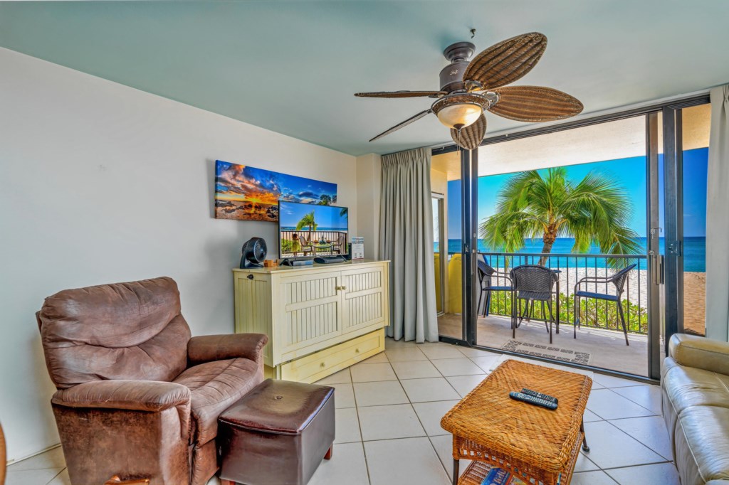 Living area with smart TV and ocean view