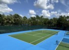 Private tennis court surrounded by lush greenery, perfect for a fun match.
