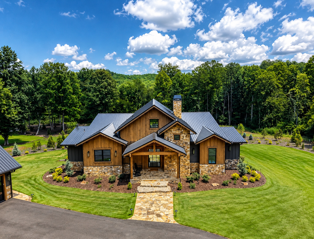 Charming rustic cabin surrounded by lush greenery and scenic views.