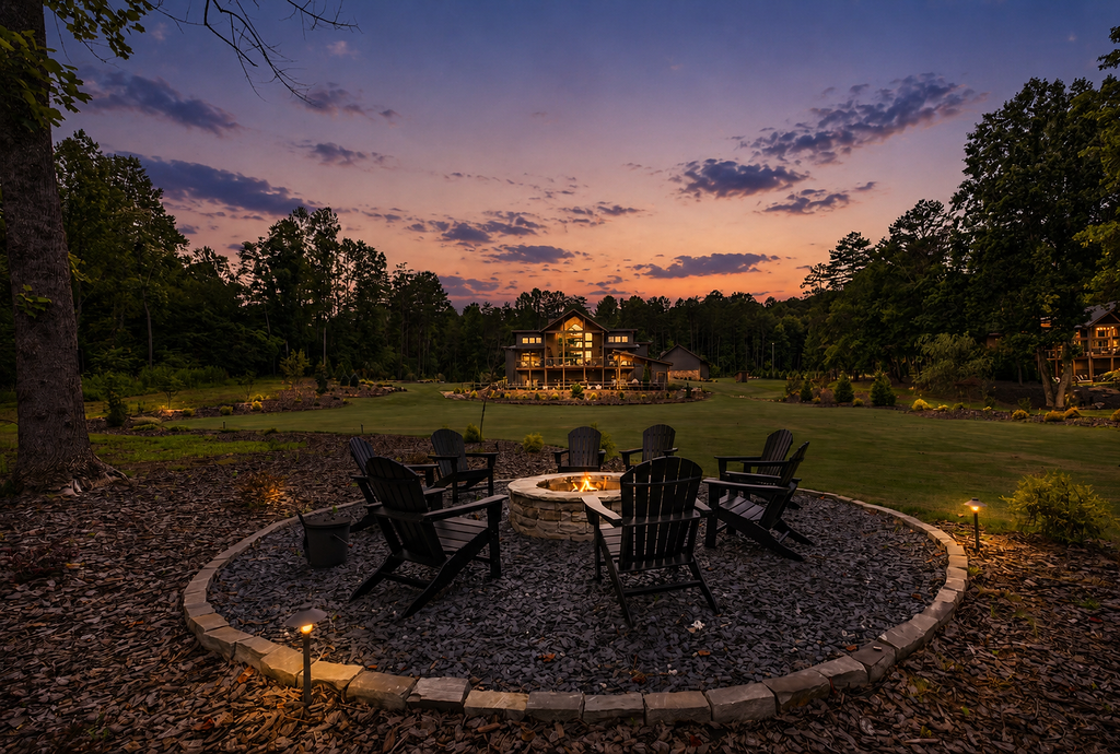 Serene outdoor firepit area perfect for evening gatherings under the stars.