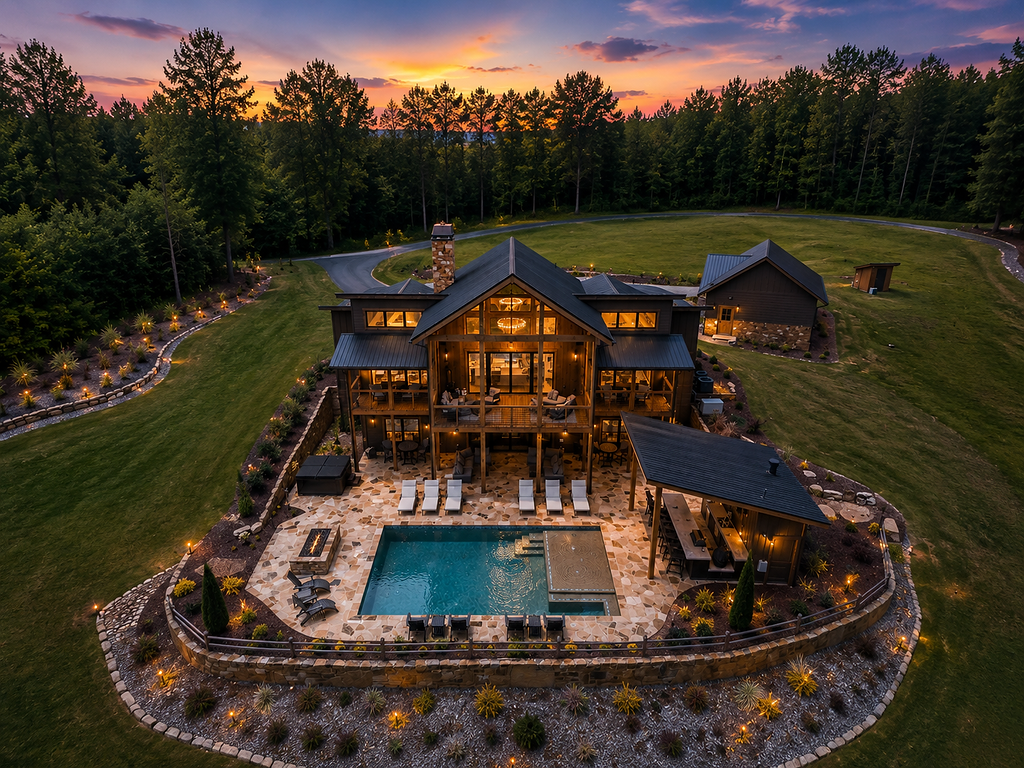 Luxurious cabin retreat with a private pool and stunning sunset views, nestled in a serene forest setting.