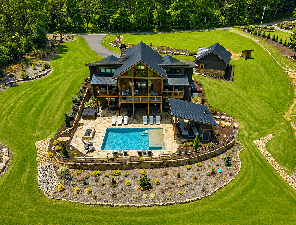Luxurious cabin retreat with private pool and expansive landscaped grounds.