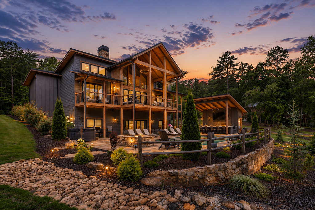 Charming lodge with spacious outdoor patio, perfect for sunset views and evening gatherings.