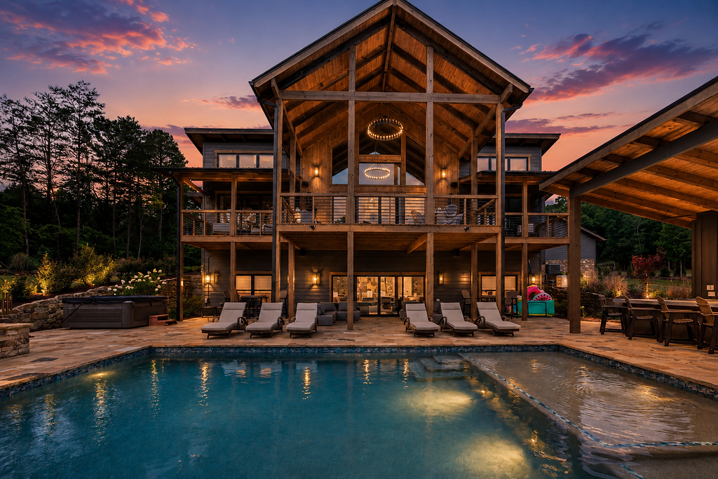 Luxurious cabin retreat with a private pool and stunning sunset views.