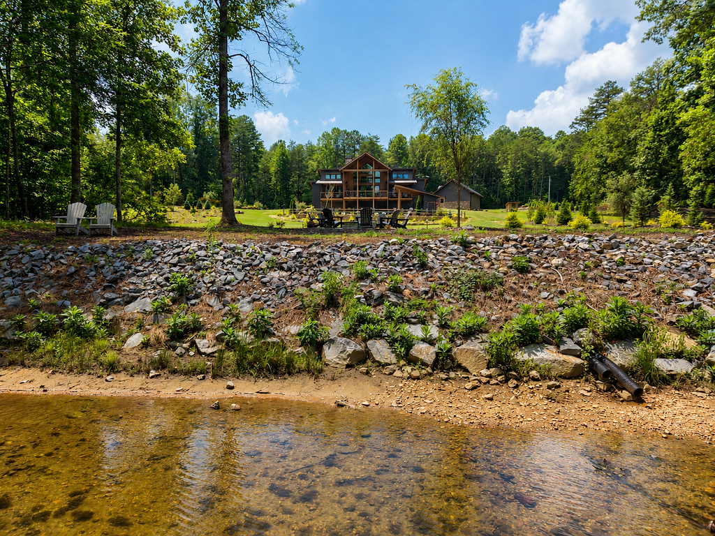 Charming lakeside retreat with serene forest views and cozy outdoor seating.