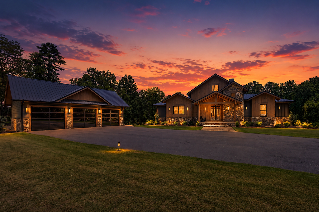 Charming rustic home with a spacious driveway and stunning sunset views.