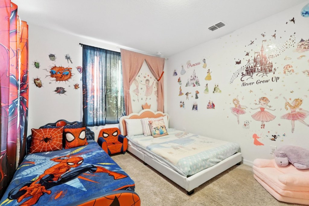 Prince's spider man's twin sized bed & Princess' dancing queen's twinkle castle n stars shimmering at night...