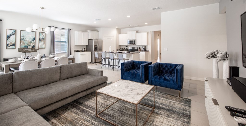 living room, kitchen & dining area