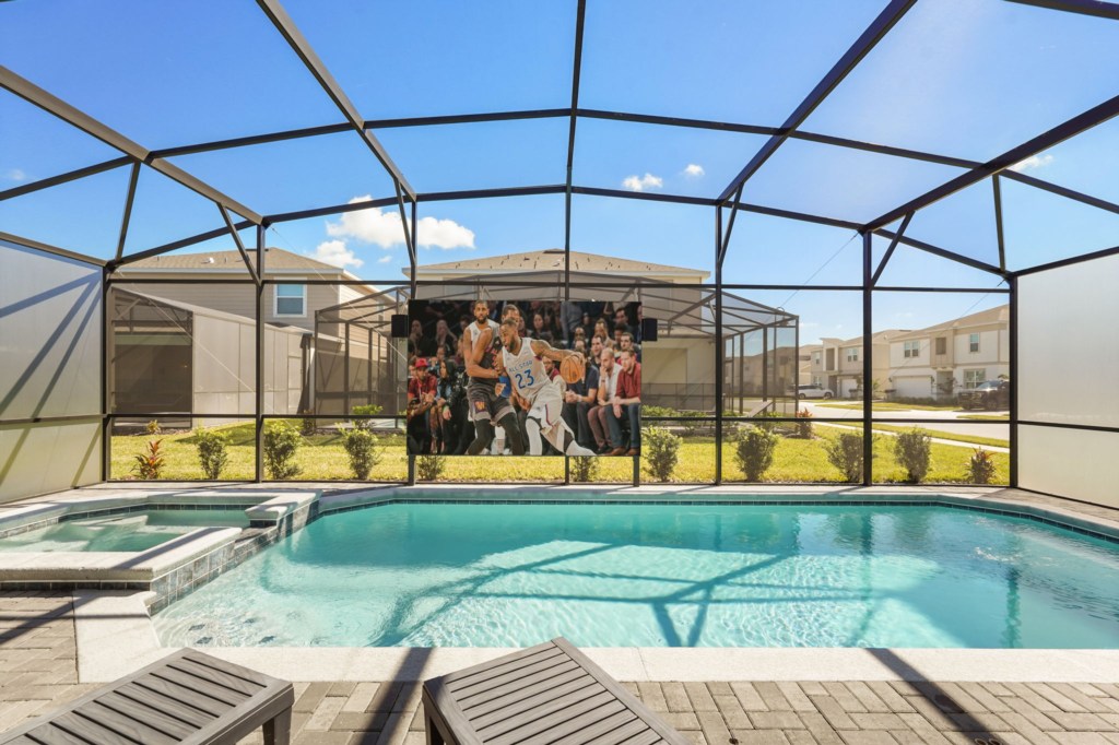 Outdoor LED Screen + Private Screened-in Pool + Child Safety Pool Fence