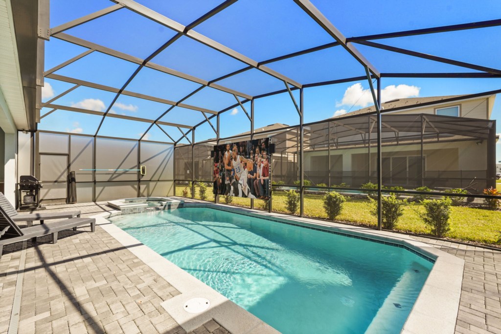 Outdoor LED Screen + Private Screened-in Pool + Child Safety Pool Fence