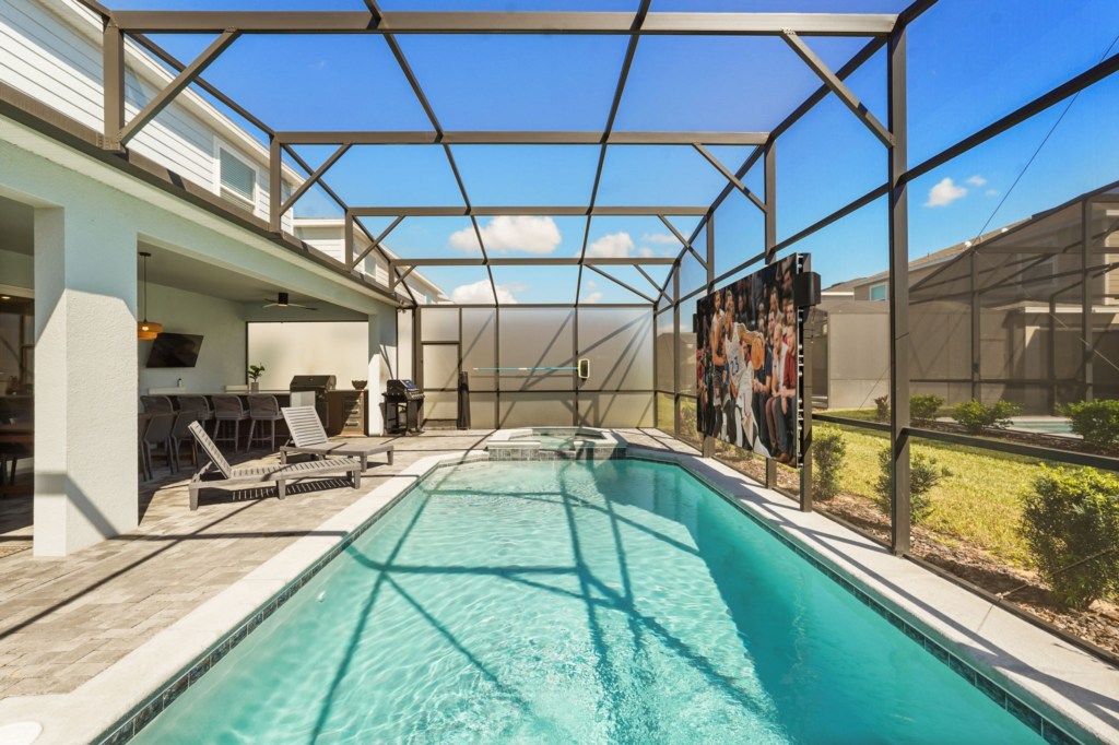 Outdoor LED Screen + Private Screened-in Pool + Child Safety Pool Fence