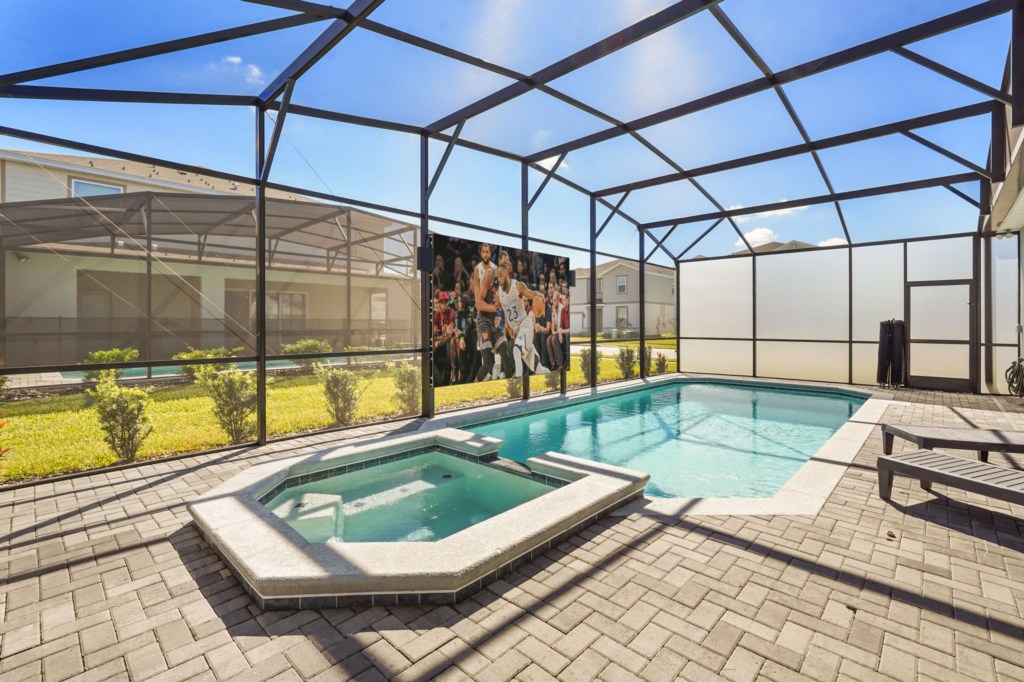 Outdoor LED Screen + Private Screened-in Pool + Child Safety Pool Fence
