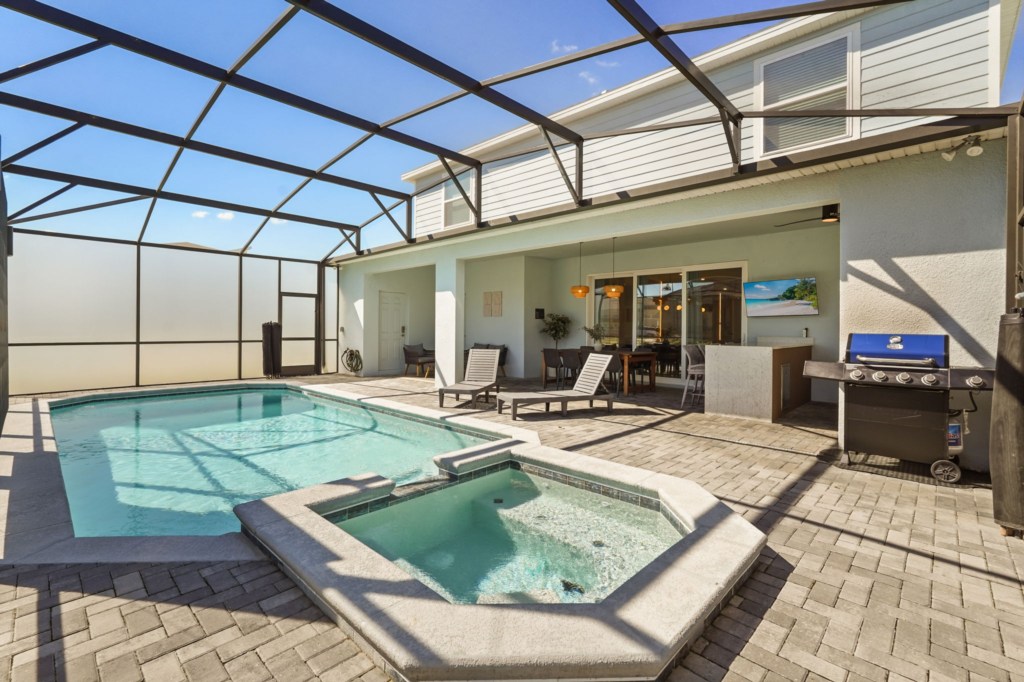 Outdoor LED Screen + Private Screened-in Pool + Child Safety Pool Fence