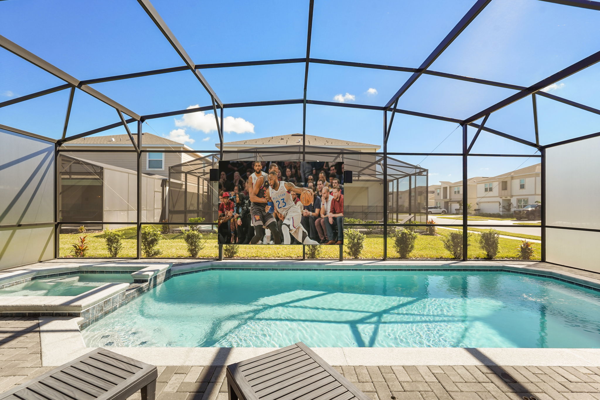 Outdoor LED Screen + Private Screened-in Pool + Child Safety Pool Fence — 15922 Cape Coral Loop, photo 55 of 115