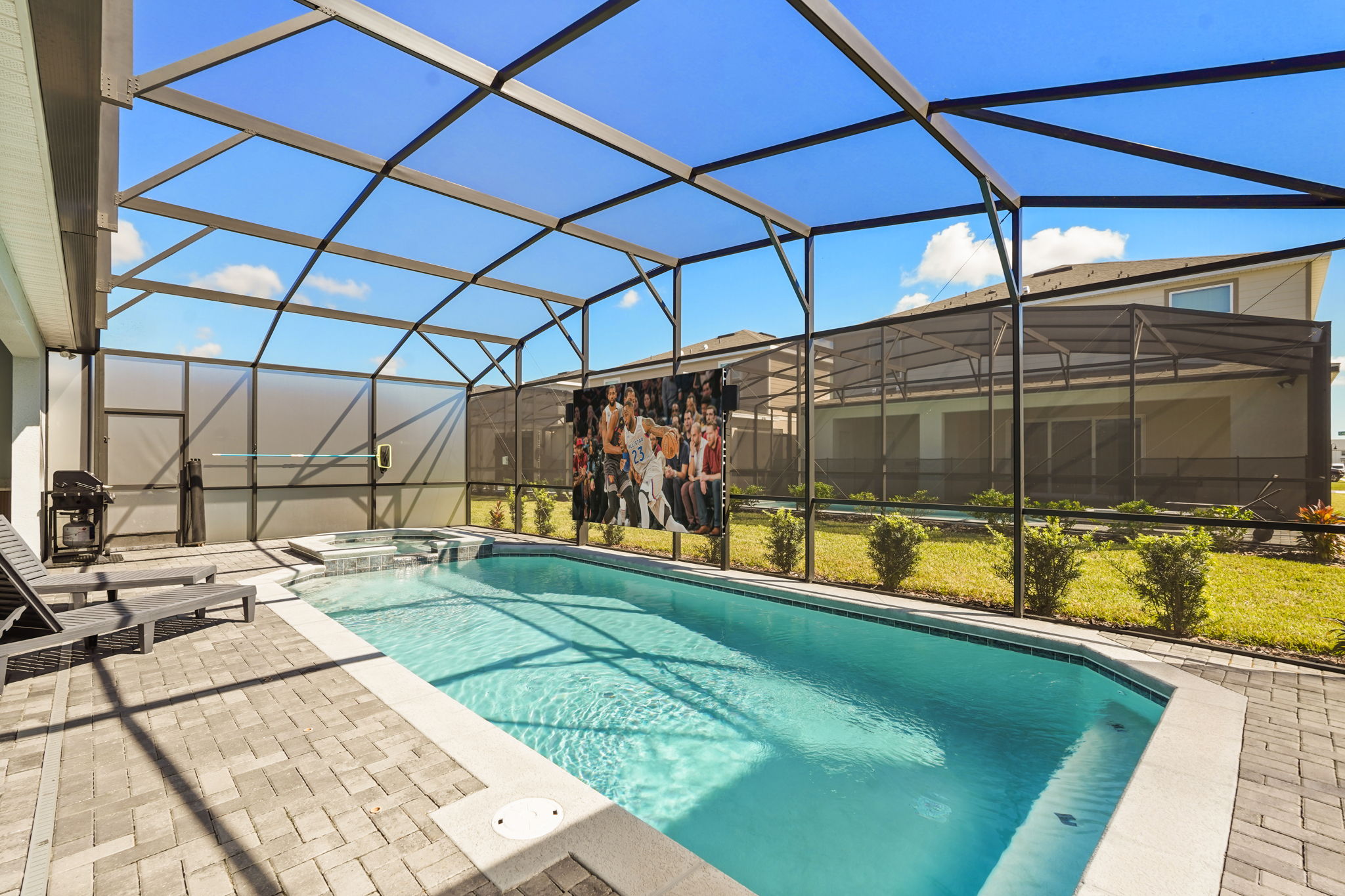 Outdoor LED Screen + Private Screened-in Pool + Child Safety Pool Fence — 15922 Cape Coral Loop, photo 56 of 115
