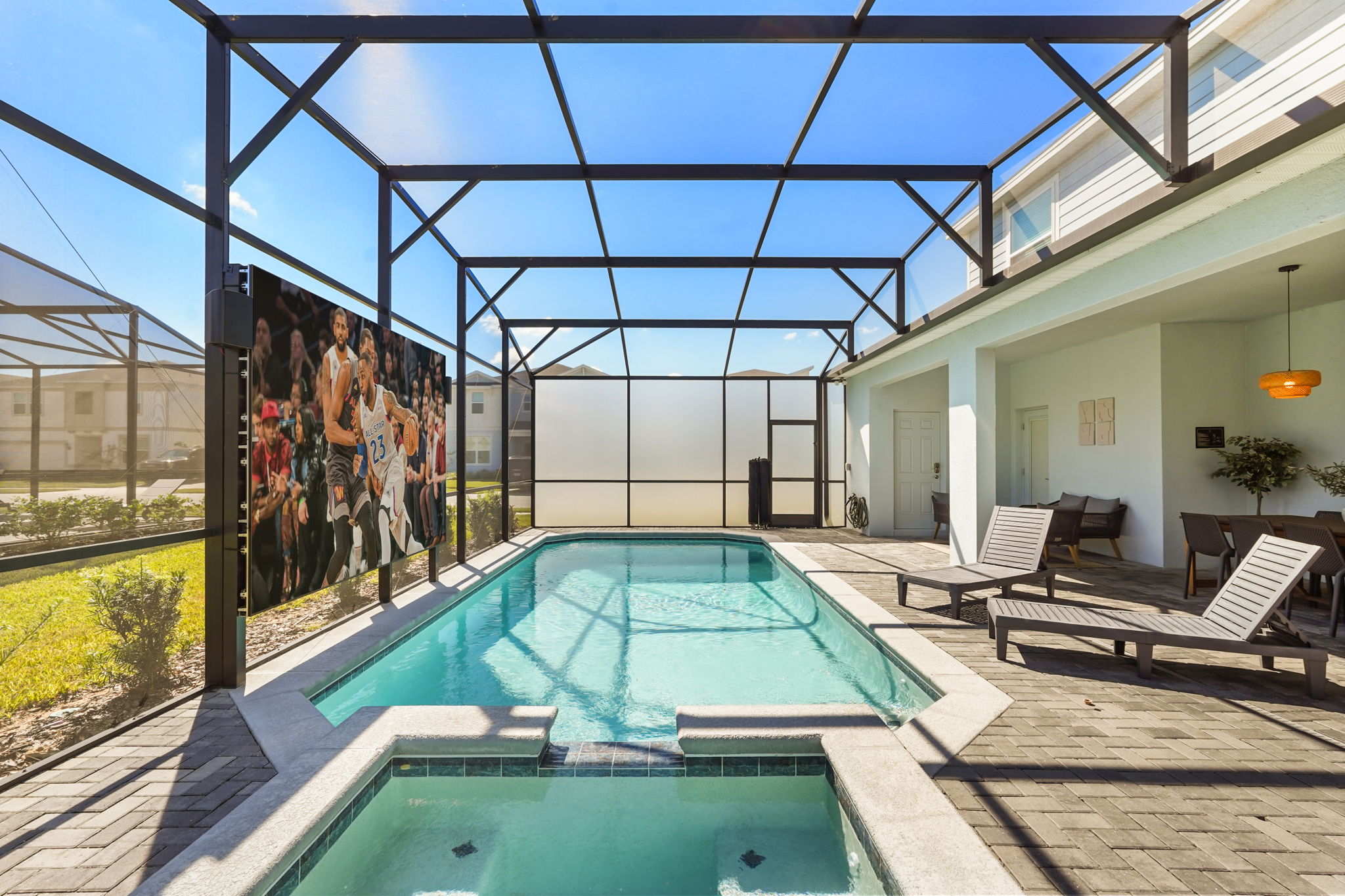 Outdoor LED Screen + Private Screened-in Pool + Child Safety Pool Fence — 15922 Cape Coral Loop, photo 59 of 115