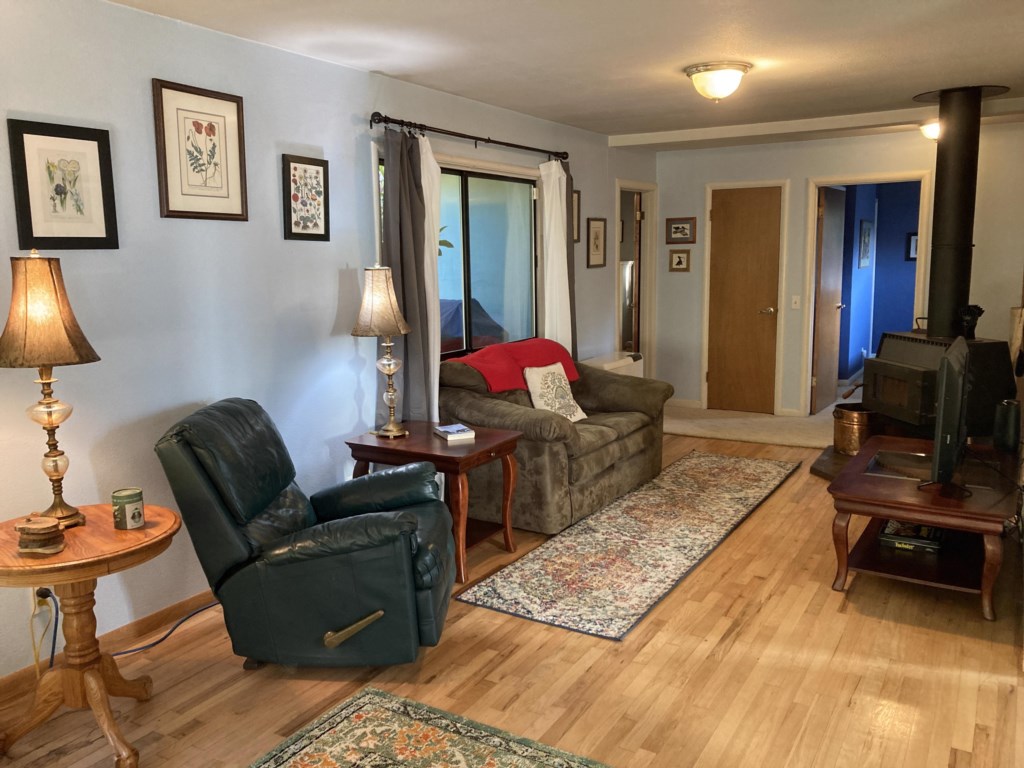 Livingroom with recliner in front of wood stove
