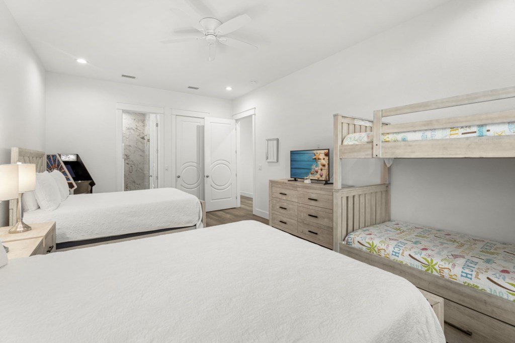 Guest Bedroom With Two Queen Beds, Three Twin Beds, Arcade Games, and Private Bathroom On 2nd Floor