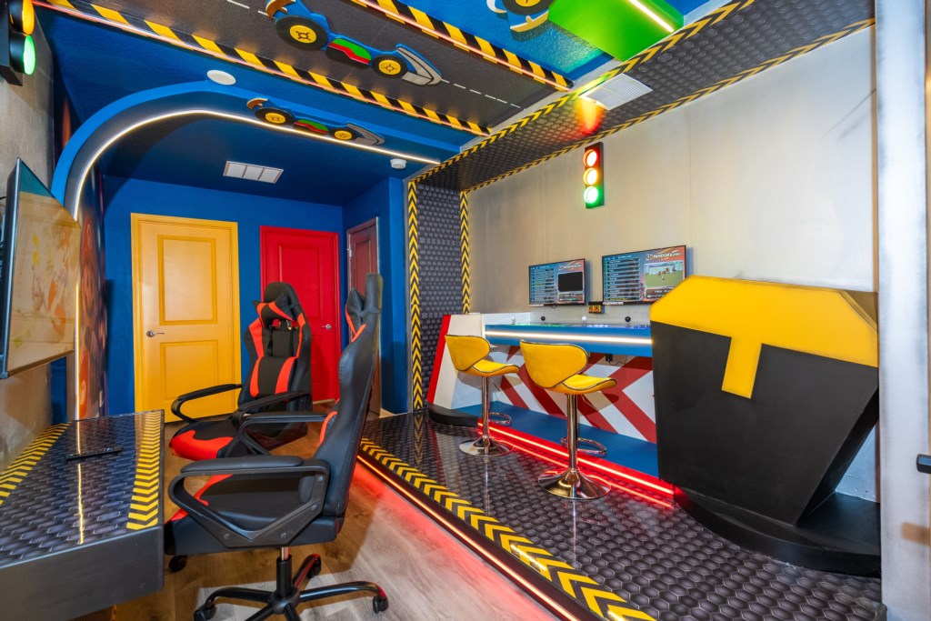 Mario themed loft area converted to a game room w/ Foosball & Arcade