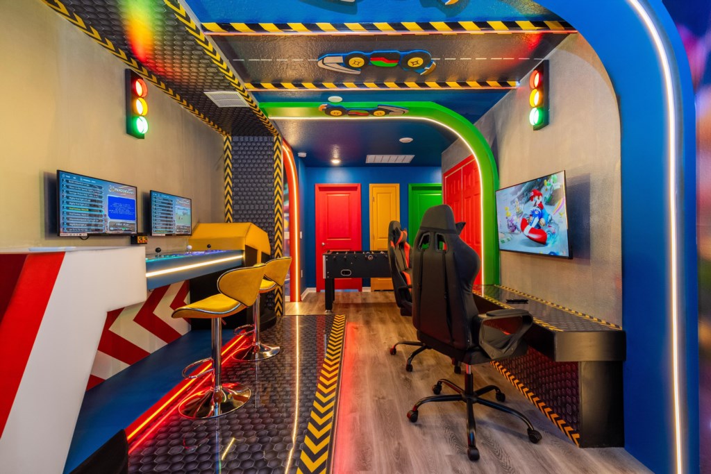 Mario themed loft area converted to a game room w/ Foosball & Arcade