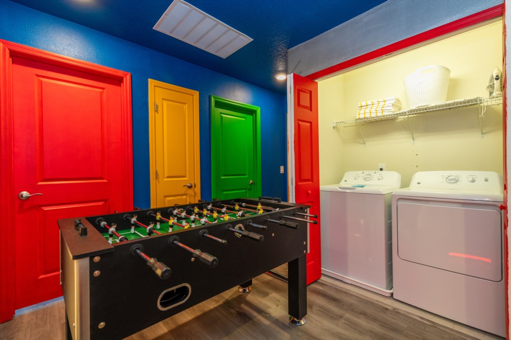Mario themed loft area converted to a game room w/ Foosball & Arcade