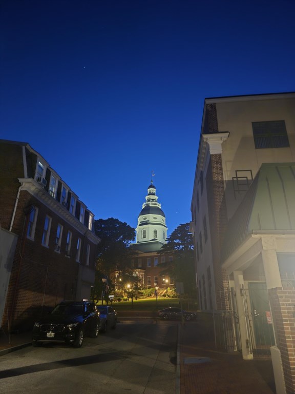 Nighttime shot of the State House 