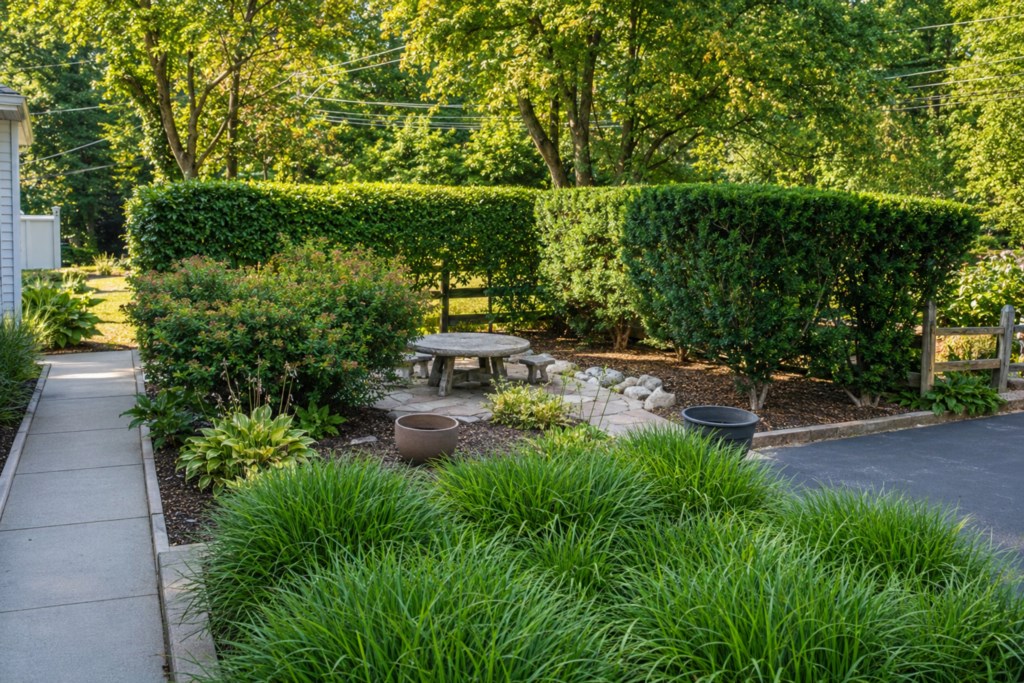 Landscaped outdoor area with mature hedges, patio seating and garden space.